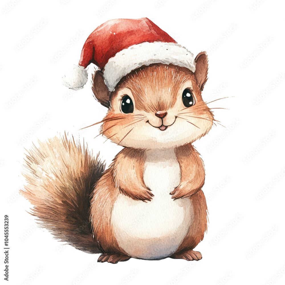 Watercolor santa hat squirrel isolated on transparent background, winter animal illustrations, christmas animal Watercolor santa hat squirrel isolated on transparent background, winter animal illustrations, christmas animal