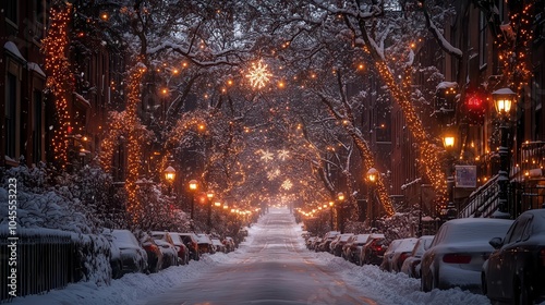 nighttime city street scene blanketed in a layer of fresh snow with streetlights casting a warm glow on the glistening surface creating a serene and picturesque winter wonderland atmosphere