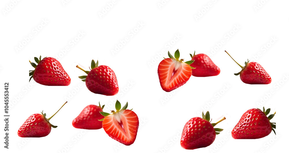 Set of strawberries with slices isolated on white transparent background, falling strawberries PNG, Set of strawberries with slices isolated on white transparent background, falling strawberries PNG,