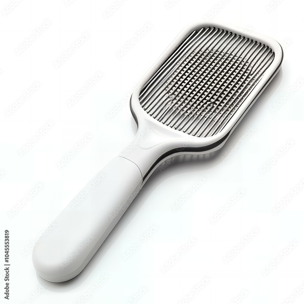 White pet grooming brush with a silver bristle head. White pet grooming brush with a silver bristle head.