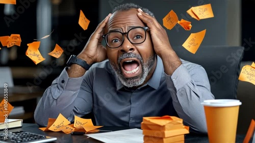 Overwhelmed by the To-Do List: A man in glasses, surrounded by a chaotic storm of sticky notes, looks up in despair, capturing the feeling of being overwhelmed with deadlines, tasks.