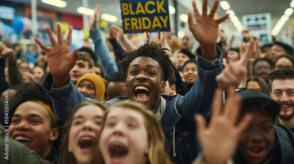 Excited diverse crowd celebrating Black Friday sales in a store. Excited diverse crowd celebrating Black Friday sales in a store.