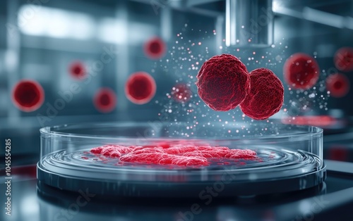 3D model of human stem cells regenerating damaged tissue with futuristic biotech machines in the background, human stem cells, biotechnology healing photo