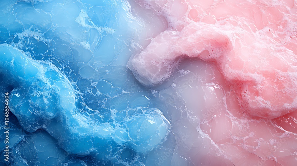 Abstract pink and blue liquid with bubbles and swirls. Abstract pink and blue liquid with bubbles and swirls.