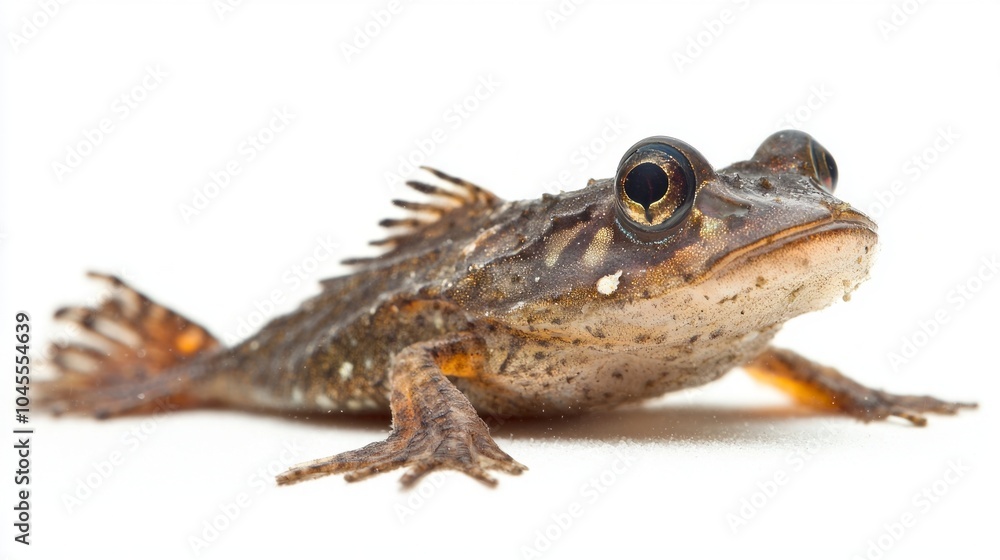 Mudskipper is visibly resting on smooth white surface highlighting its distinctive body shape and adaptations for both land and water environments typical of this species. Mudskipper is visibly resting on smooth white surface highlighting its distinctive body shape and adaptations for both land and water environments typical of this species.