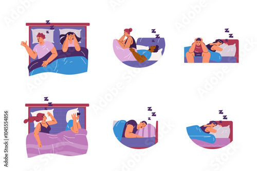 Snoring, insomnia, bad sleep vector set concept, annoyed person suffering from insomnia because of snoring husband, wife