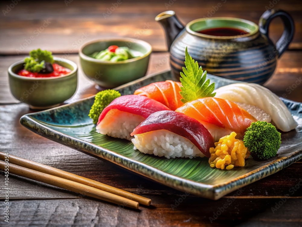 Authentic Japanese Dish with Wasabi and Ginger Garnish for Food Photography Authentic Japanese Dish with Wasabi and Ginger Garnish for Food Photography