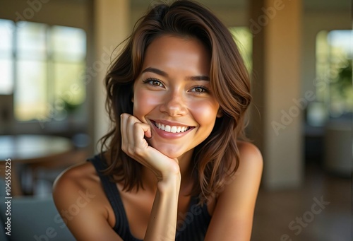 Joyful Woman Enjoying a Relaxing Day at a Cozy Café, Filled with Happiness and a Sense of Tranquility