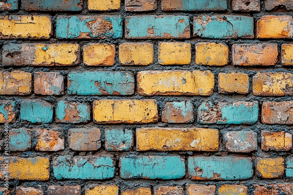 Weathered Brick Wall with Peeling Blue and Yellow Paint Weathered Brick Wall with Peeling Blue and Yellow Paint