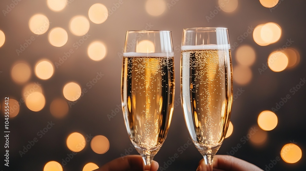 Two champagne flutes clink together, surrounded by sparkling bokeh lights, symbolizing celebration and joyful moments. Two champagne flutes clink together, surrounded by sparkling bokeh lights, symbolizing celebration and joyful moments.