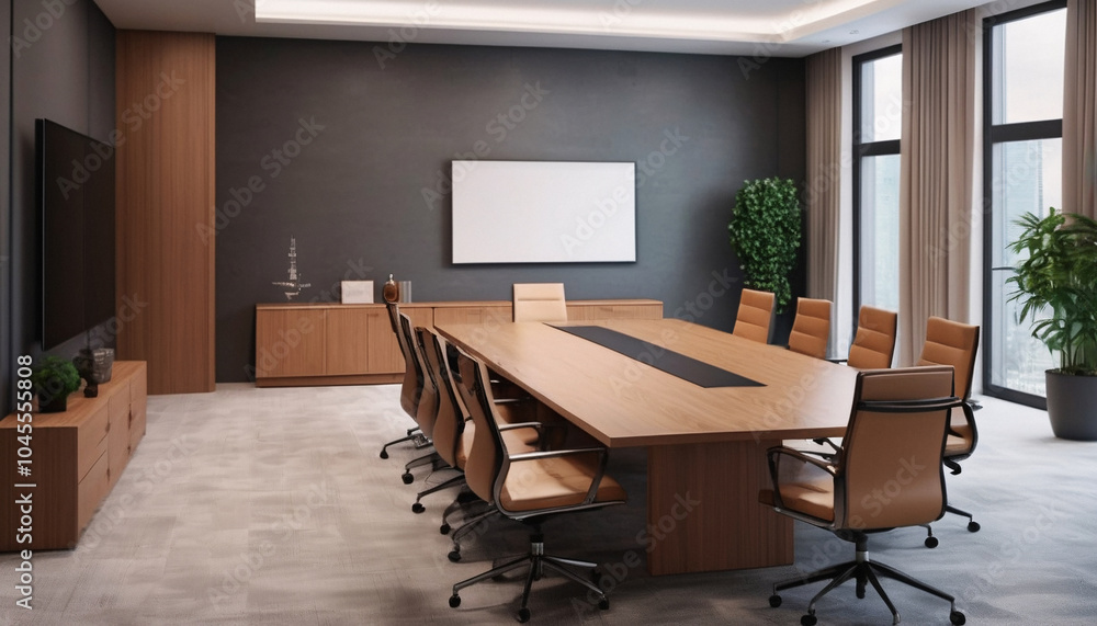 Modern Conference Room with Large Table and Windows Modern Conference Room with Large Table and Windows