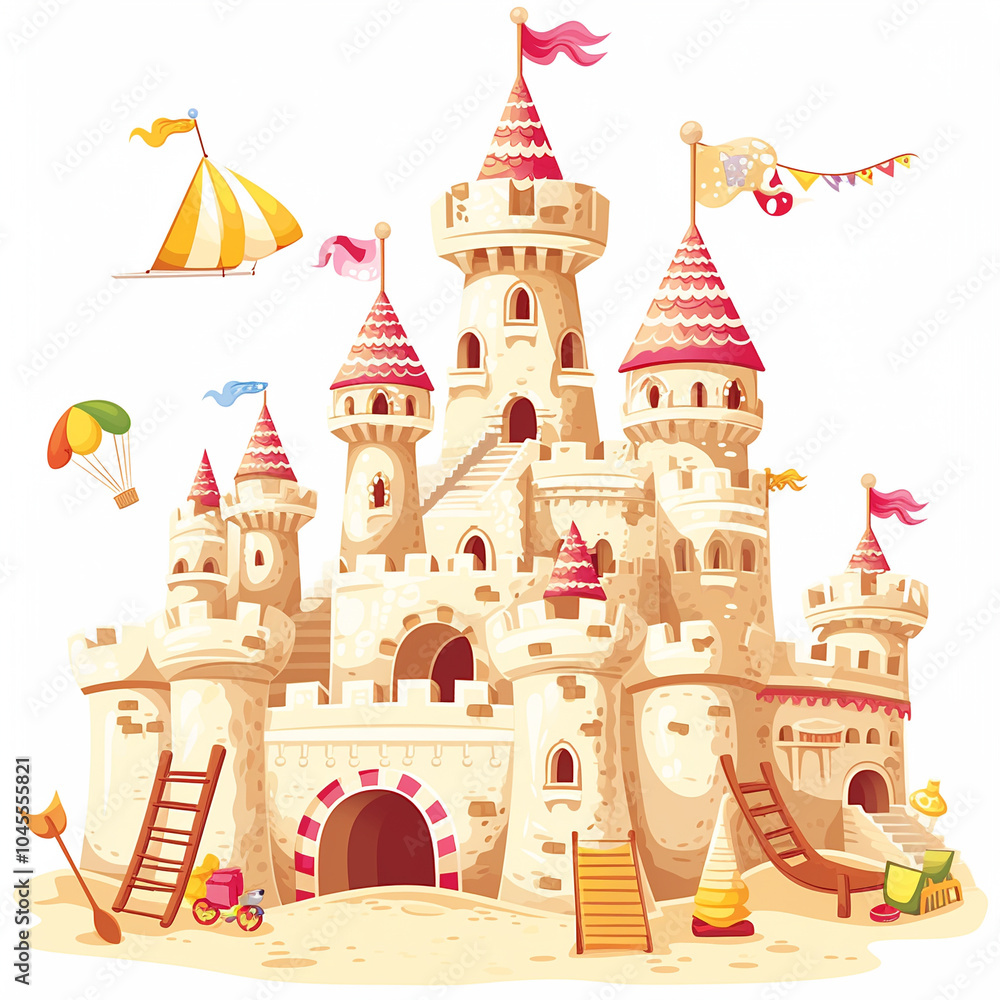 A castle with a yellow and white sailboat flying in the background A castle with a yellow and white sailboat flying in the background