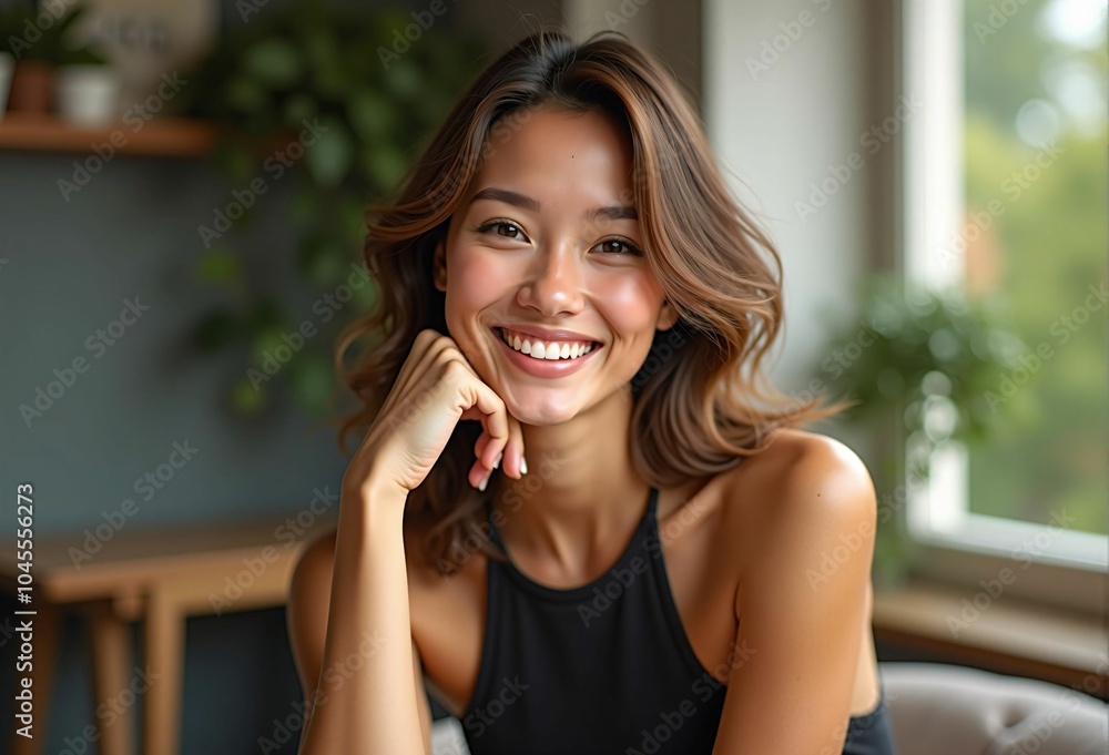 Joyful Woman Enjoying a Relaxing Day at a Cozy Café, Filled with Happiness and a Sense of Tranquility Joyful Woman Enjoying a Relaxing Day at a Cozy Café, Filled with Happiness and a Sense of Tranquility