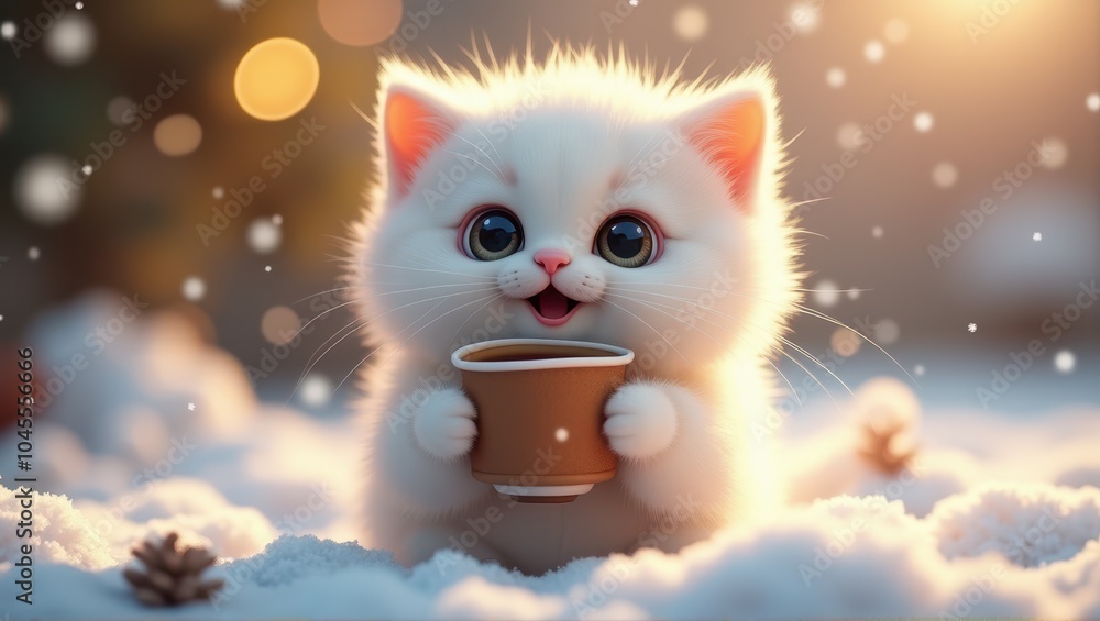 Fluffy white kitten holding a warm cup while sitting in the snow with a soft, glowing background. Fluffy white kitten holding a warm cup while sitting in the snow with a soft, glowing background.
