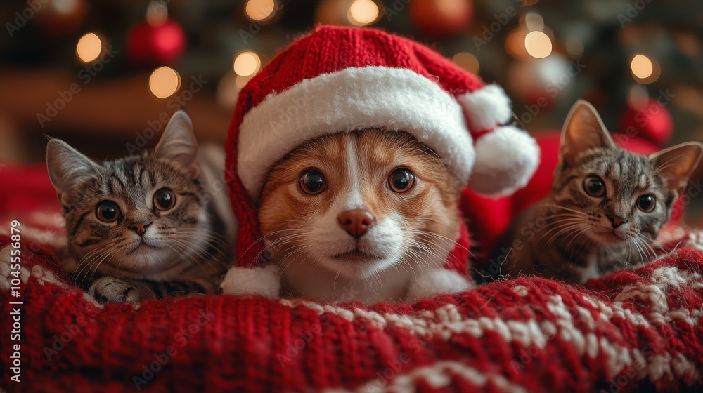 Pets during Christmas celebrations with festive costumes and decorations. Emphasizing holiday spirit and joy of pets. Ideal for holiday-themed social media and pet blogs. Pets during Christmas celebrations with festive costumes and decorations. Emphasizing holiday spirit and joy of pets. Ideal for holiday-themed social media and pet blogs.