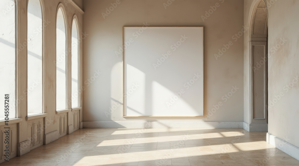 Modern Gallery Mockup with Large Blank Canvas, Natural Light, Minimalist Museum Interiors for Artwork and Exhibition Display Modern Gallery Mockup with Large Blank Canvas, Natural Light, Minimalist Museum Interiors for Artwork and Exhibition Display