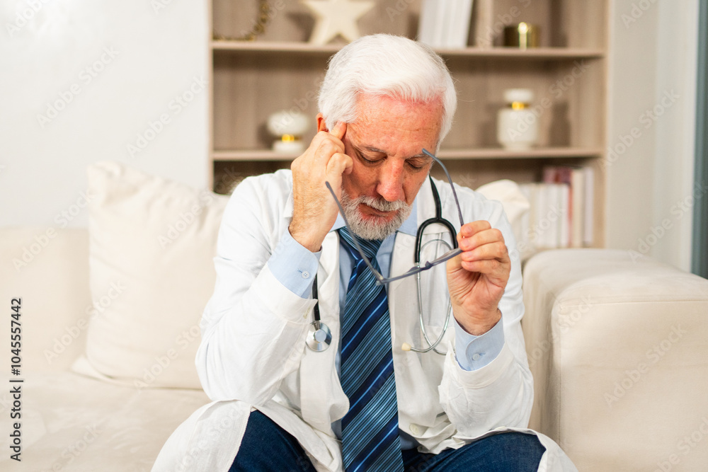 Sad tired mature senior male doctor in medical uniform in hospital or doctor office. Unhappy General Practitioner GP therapist professional healthcare expert in clinic. Healthcare concept Sad tired mature senior male doctor in medical uniform in hospital or doctor office. Unhappy General Practitioner GP therapist professional healthcare expert in clinic. Healthcare concept