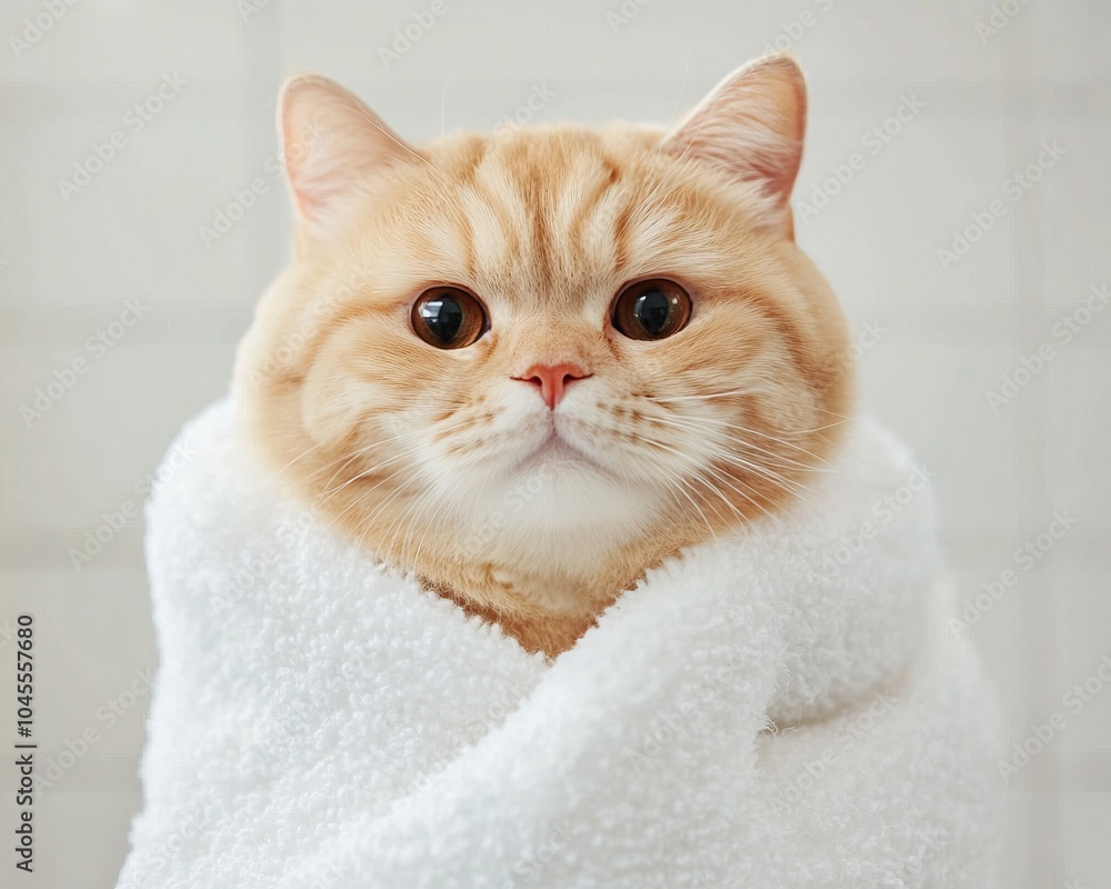 A fluffy orange cat wrapped in a white towel appears curious and cozy, showcasing its round face and big eyes. A fluffy orange cat wrapped in a white towel appears curious and cozy, showcasing its round face and big eyes.