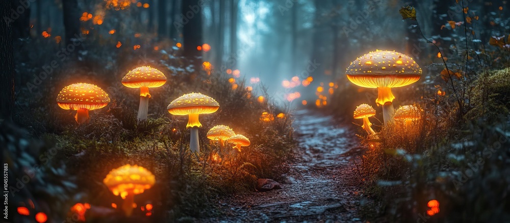 Naklejka premium Enchanted Forest Path with Glowing Mushrooms 