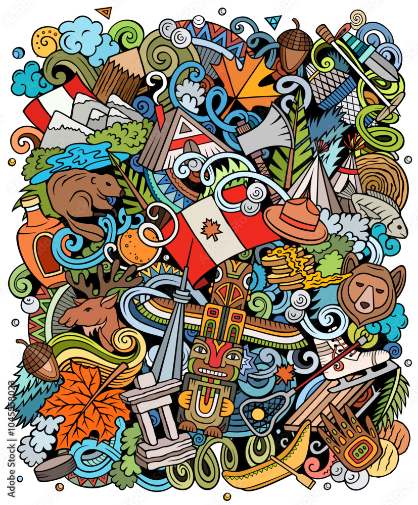 Fototapeta premium Canada cartoon doodle illustration. It's a funny Canadian design. Creative vector background with North America country elements and objects