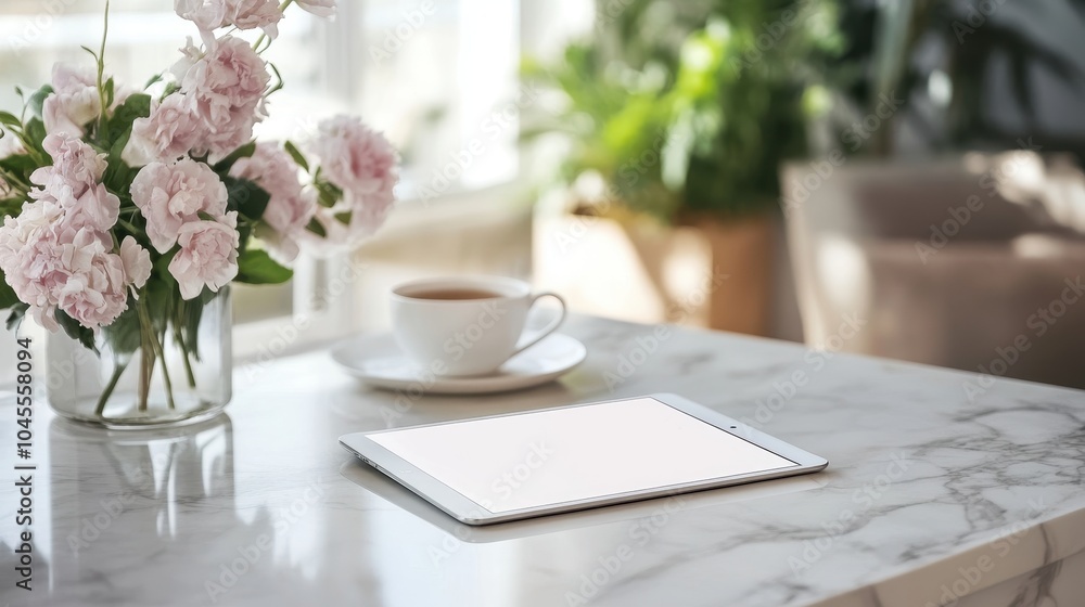 A sleek iPad rests on marble with flowers and tea in a stylish kitchen A sleek iPad rests on marble with flowers and tea in a stylish kitchen