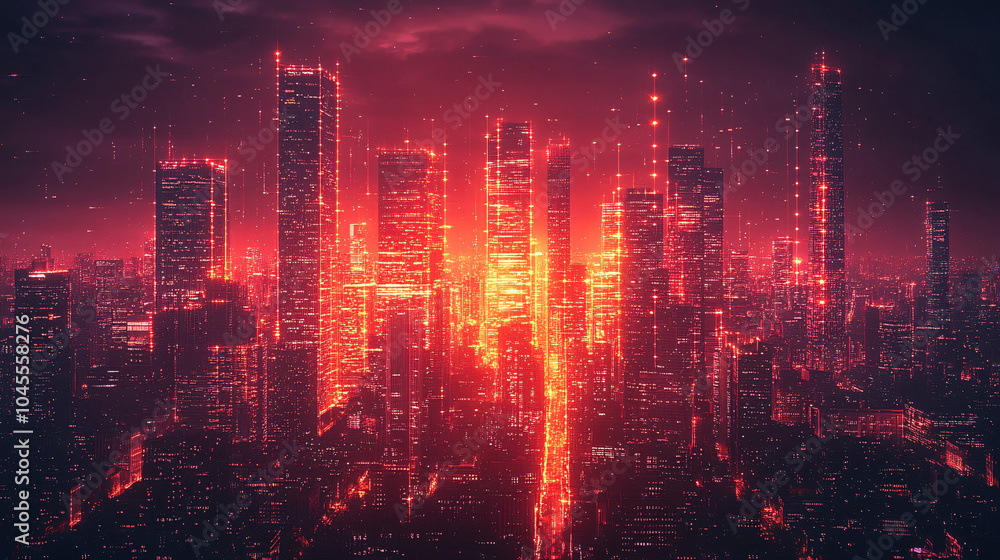 Obraz premium red neon cityscape at night digital art illustration