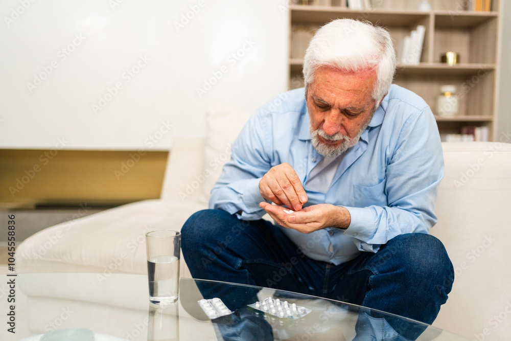 Middle aged senior man with medical pill and glass of water. Mature old senior grandfather taking medication cure pills vitamin. Age prescription medicine healthcare therapy concept Middle aged senior man with medical pill and glass of water. Mature old senior grandfather taking medication cure pills vitamin. Age prescription medicine healthcare therapy concept