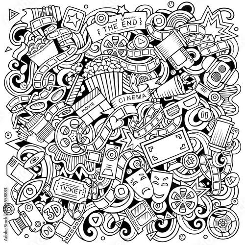 Cinema cartoon vector doodle design. Detailed composition with lot of movie objects and symbols. 