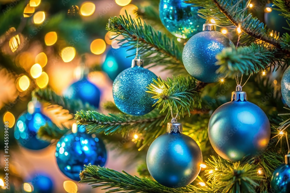 Beautiful Macro Photography of a Christmas Tree Adorned with Elegant Blue Ornaments for Festive Decor Beautiful Macro Photography of a Christmas Tree Adorned with Elegant Blue Ornaments for Festive Decor