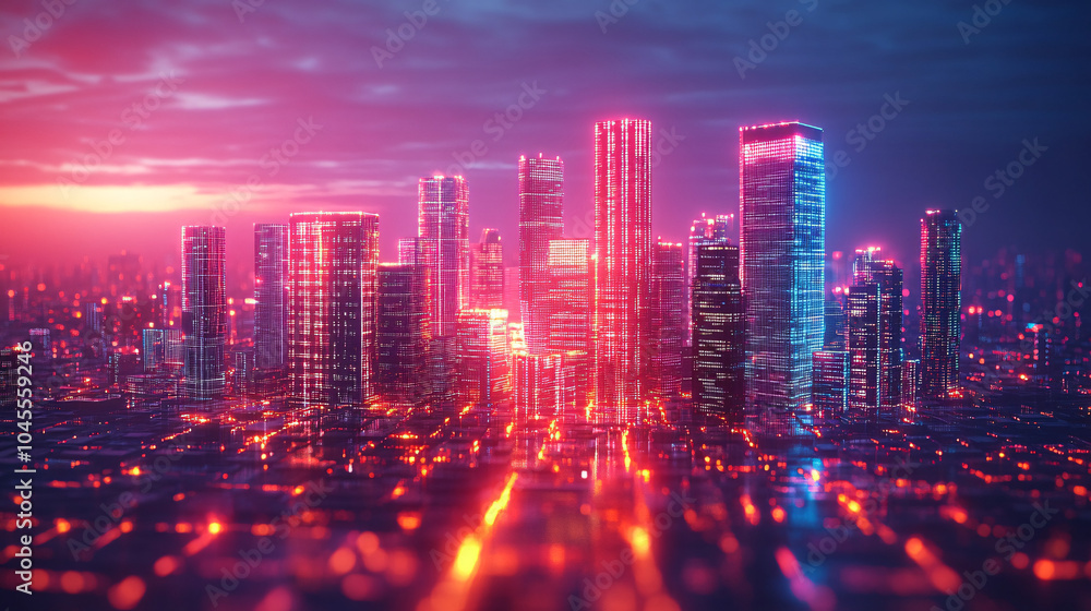 Obraz premium neon cityscape with red and blue lights at night
