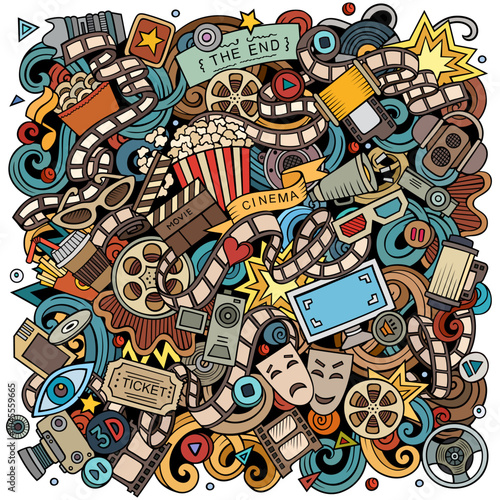 Cinema cartoon vector doodle design. Detailed composition with lot of movie objects and symbols. 