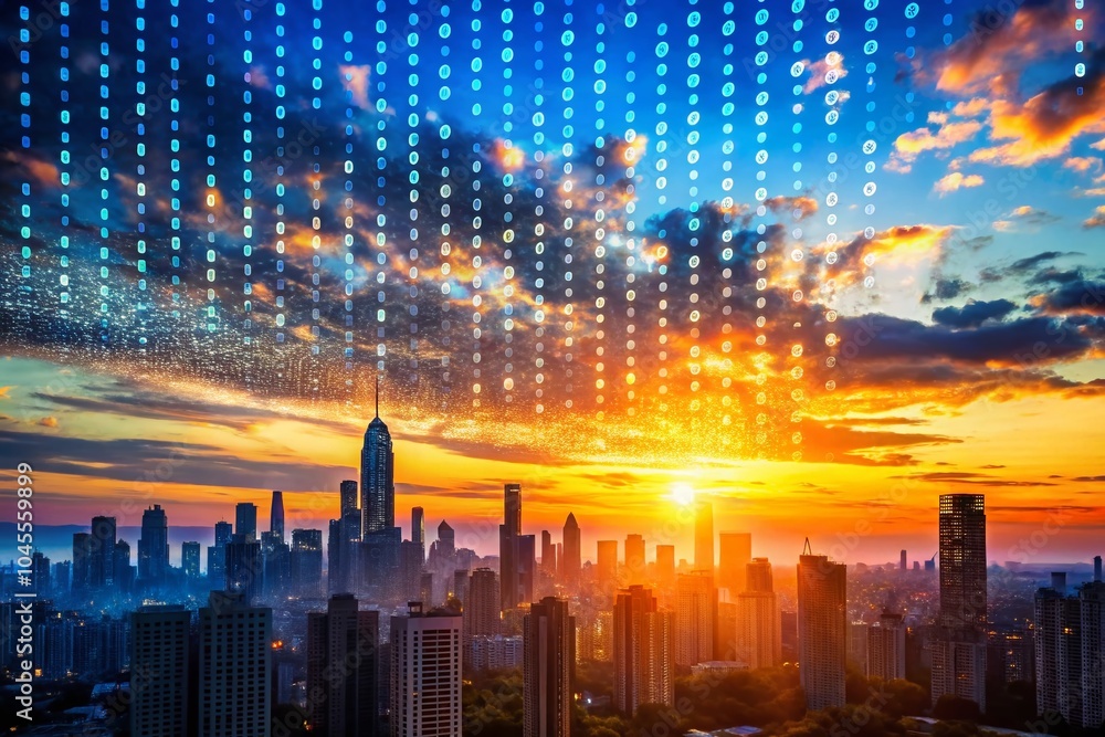 Obraz premium Binary Code Silhouette Against a Futuristic Cityscape at Dusk