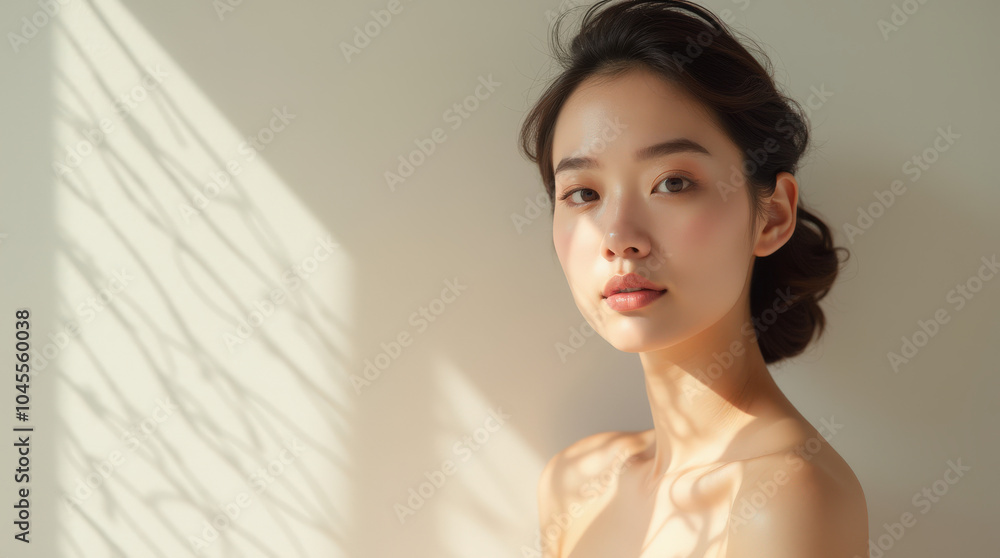 Elegant Portrait of Asian Female Model on Neutral Background for Beauty and Skincare Campaigns Elegant Portrait of Asian Female Model on Neutral Background for Beauty and Skincare Campaigns
