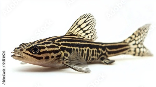 zebra pleco showcases its striking striped pattern while floating elegantly against a clean white backdrop revealing its unique body shape and fins. photo