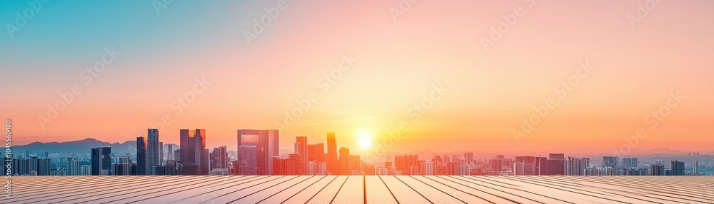 Obraz premium Urban skyline with colorful sunset and vibrant sky, perfect for cityscape themes and architectural presentations.