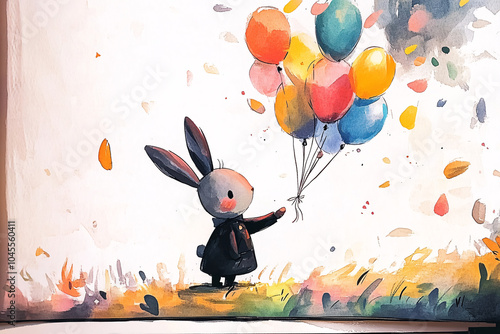 Adorable bunny holding a colorful balloon in a whimsical setting, evoking joy and wonder in a charming children's book illustration, capturing the innocence and delight of childhood. photo