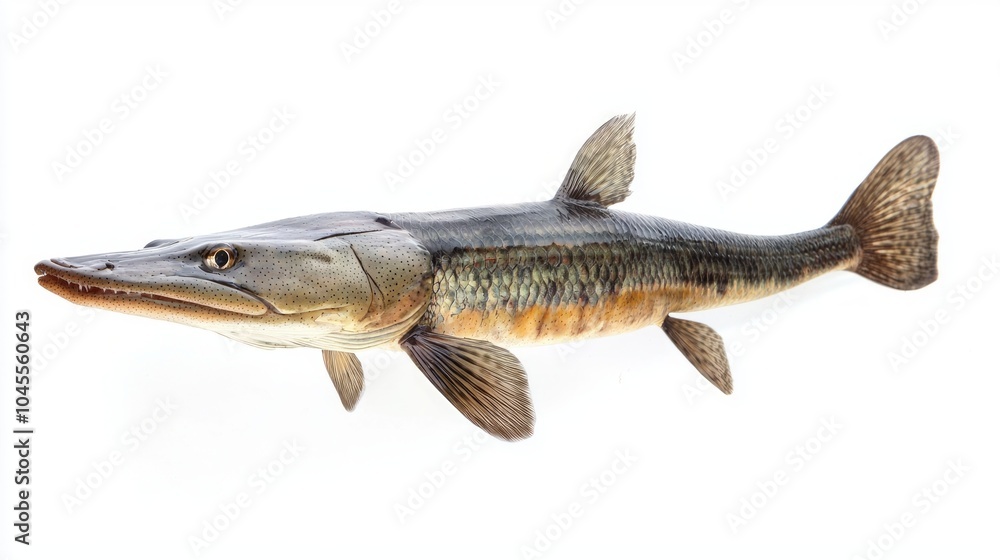 sharp representation features an Alligator Gar highlighting its elongated body and unique coloration captured against a plain white backdrop. sharp representation features an Alligator Gar highlighting its elongated body and unique coloration captured against a plain white backdrop.
