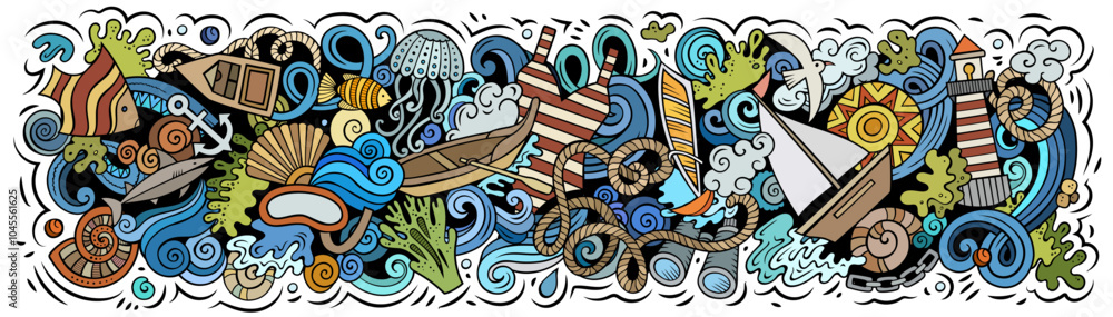 Cartoon cute hand drawn vector doodle Marine banner Cartoon cute hand drawn vector doodle Marine banner