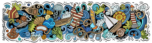 Cartoon cute hand drawn vector doodle Marine banner