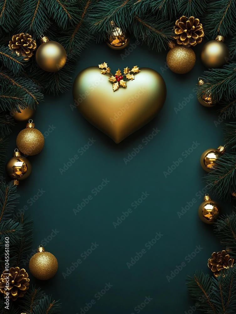 Golden heart ornament with holly berries, surrounded by pine branches and golden baubles, creating a festive and cozy Christmas composition. Golden heart ornament with holly berries, surrounded by pine branches and golden baubles, creating a festive and cozy Christmas composition.