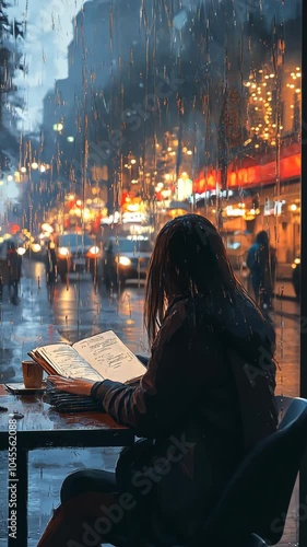 Cozy evening reading in a café during a rainy night in the city with soft lights and bustling traffic