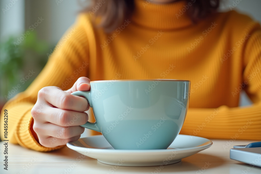 a woman drinks coffee tea at a table with a laptop close-up a woman drinks coffee tea at a table with a laptop close-up