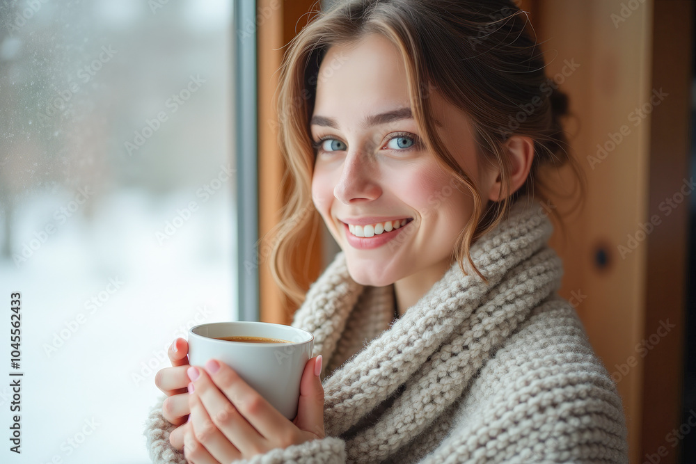 a beautiful woman is smiling, standing near the window with a mug of hot tea, drinking, warming herself in warm clothes a beautiful woman is smiling, standing near the window with a mug of hot tea, drinking, warming herself in warm clothes