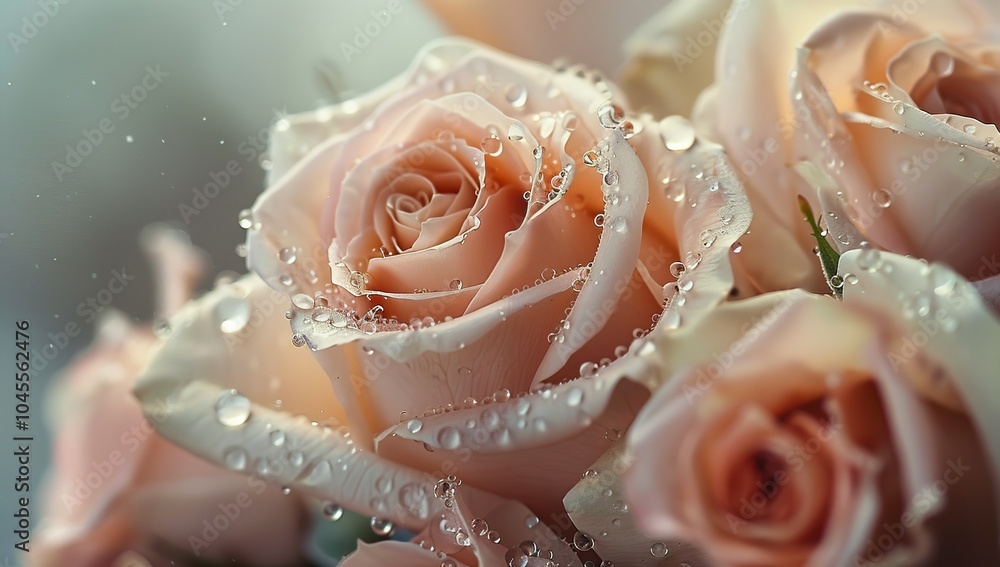 A bouquet of pale pink roses with dew drops on the petals, creating an... A bouquet of pale pink roses with dew drops on the petals, creating an...