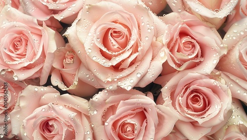 Fototapeta Naklejka Na Ścianę i Meble -  A bouquet of pale pink roses with dew drops on the petals, arranged in an...