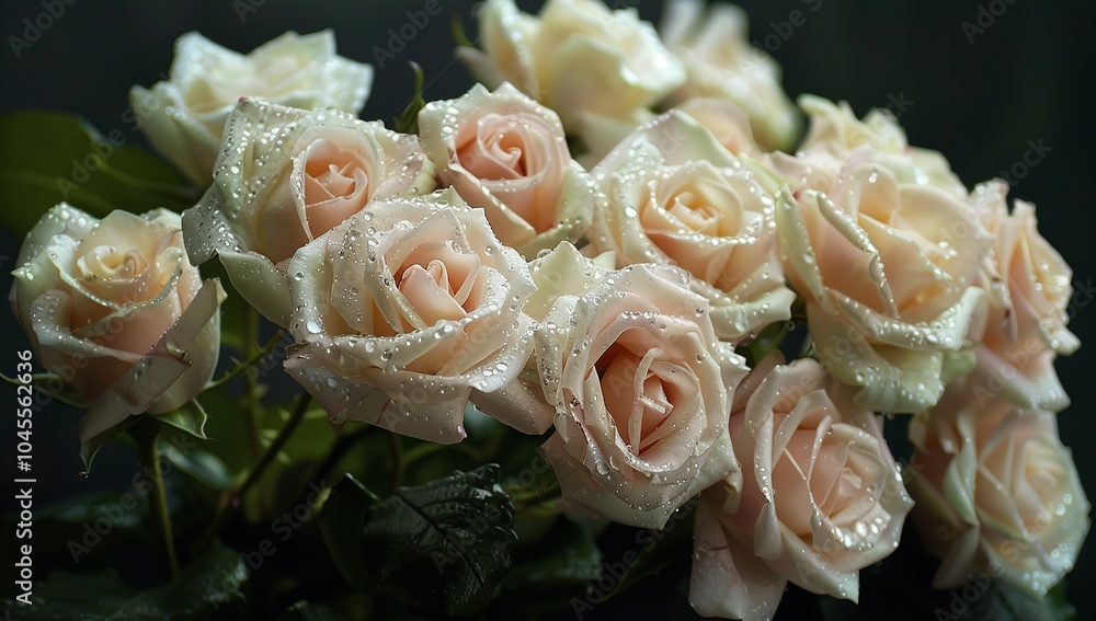 A bouquet of pale pink roses with dew drops on the petals, arranged in an... A bouquet of pale pink roses with dew drops on the petals, arranged in an...
