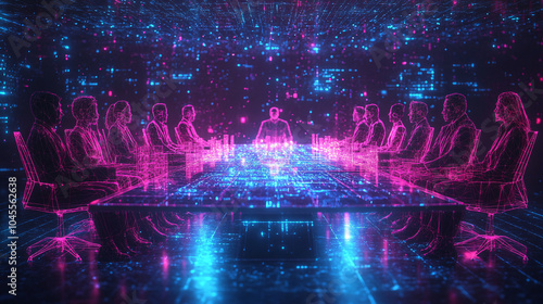 neon glowing business meeting in a cyberspace office