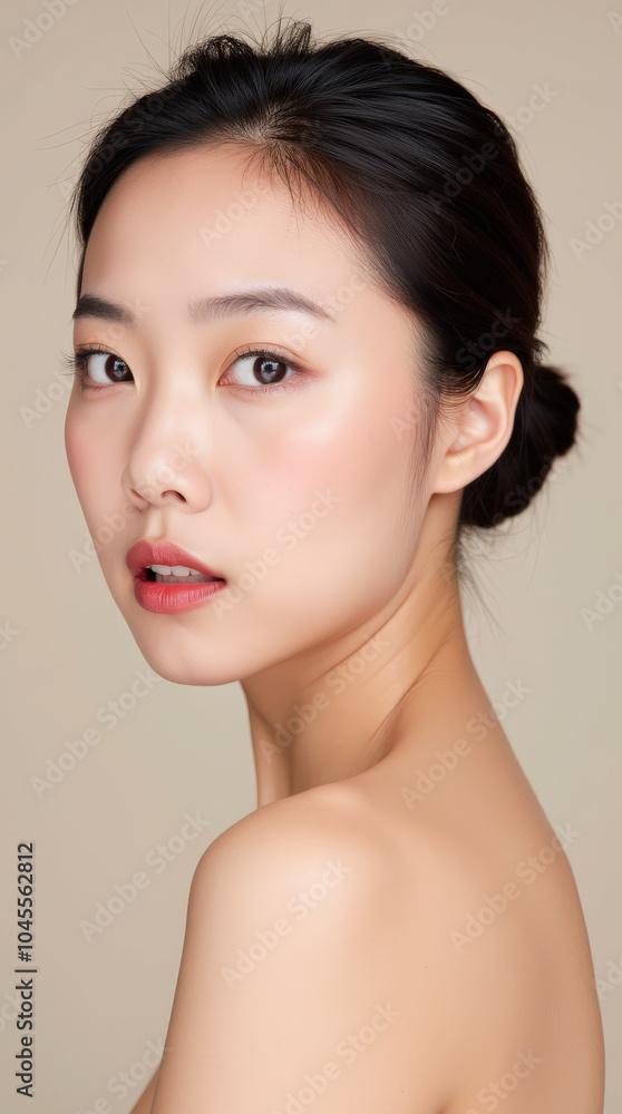Elegant Portrait of Asian Female Model on Neutral Background for Beauty and Skincare Campaigns Elegant Portrait of Asian Female Model on Neutral Background for Beauty and Skincare Campaigns