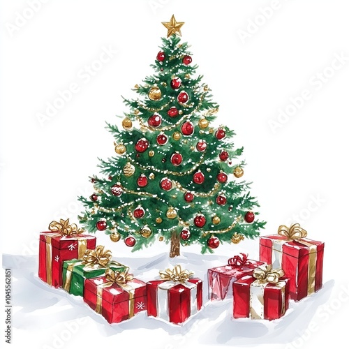 A festive Christmas tree adorned with colorful ornaments and surrounded by neatly wrapped presents in red and green.