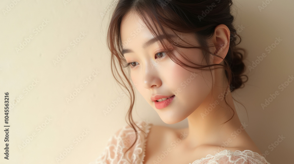 Elegant Portrait of Asian Female Model on Neutral Background for Beauty and Skincare Campaigns Elegant Portrait of Asian Female Model on Neutral Background for Beauty and Skincare Campaigns